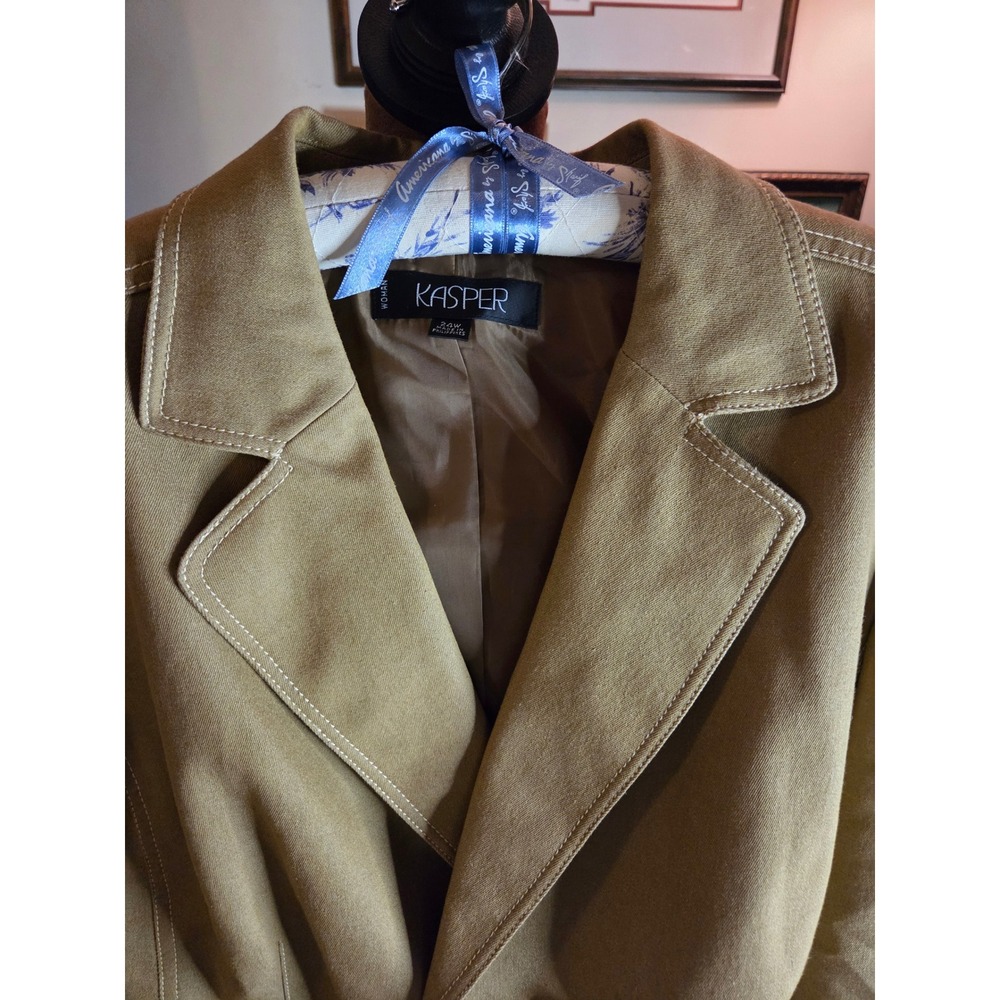 Vtg Kasper Woman Khaki Tan Contrast Stitch Blazer Jacket Plus Size 24W Tailored - Picture 3 of 15